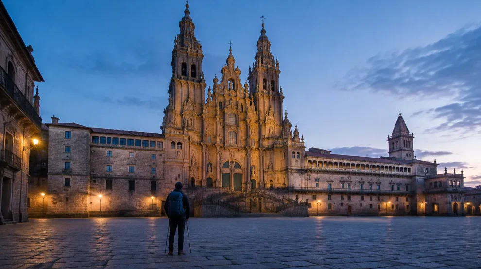 Peregrino na Praça do Obradoiro ao amanhecer, chegada ao fim do Caminho