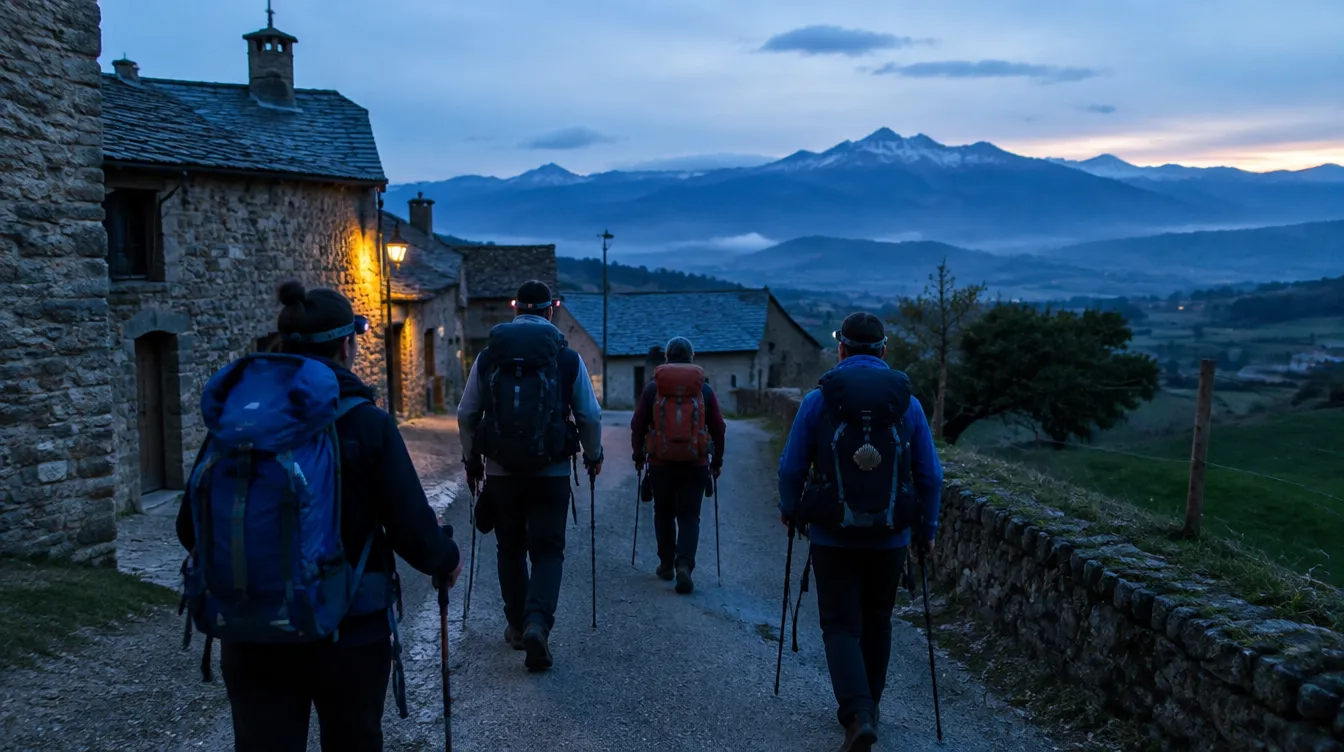 Peregrinos saindo do vilarejo de madrugada no primeiro passo do Caminho