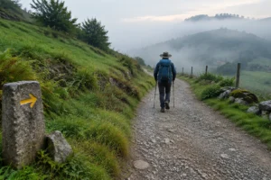 Peregrino em trilha com neblina, cenário para pensar os princípios herméticos no Caminho de Santiago