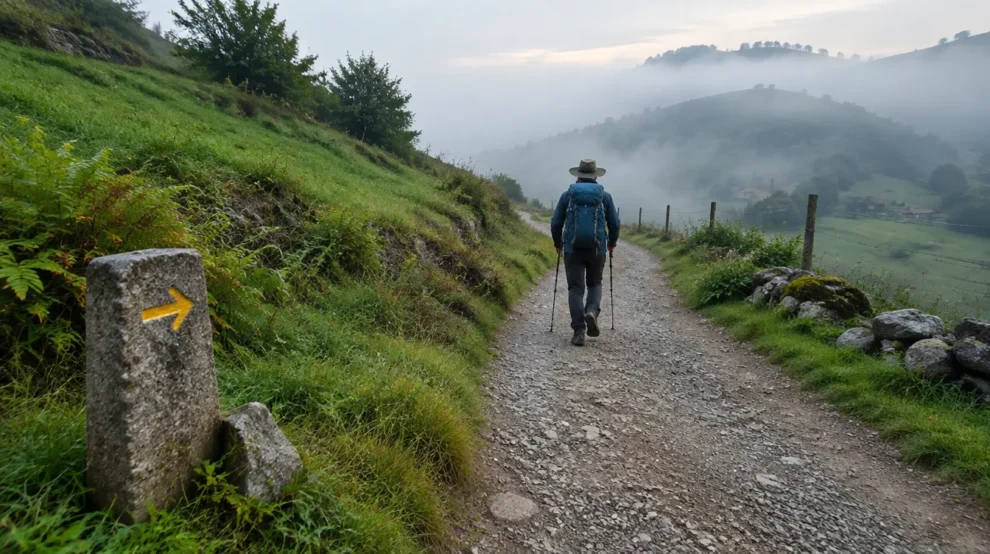 Peregrino em trilha com neblina, cenário para pensar os princípios herméticos no Caminho de Santiago
