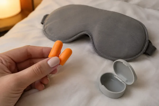 Mão segurando protetores auriculares de espuma ao lado de máscara de dormir e estojo sobre lençol branco
