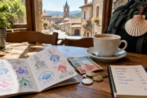 Credencial do peregrino com carimbos, euros e caderno de orçamento sobre mesa de café no Caminho de Santiago