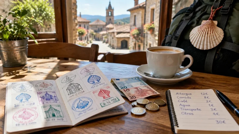 Credencial do peregrino com carimbos, euros e caderno de orçamento sobre mesa de café no Caminho de Santiago