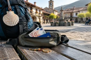 Pochete com euros, cartão e moedas ao lado de mochila com vieira, dinheiro para o Caminho de Santiago