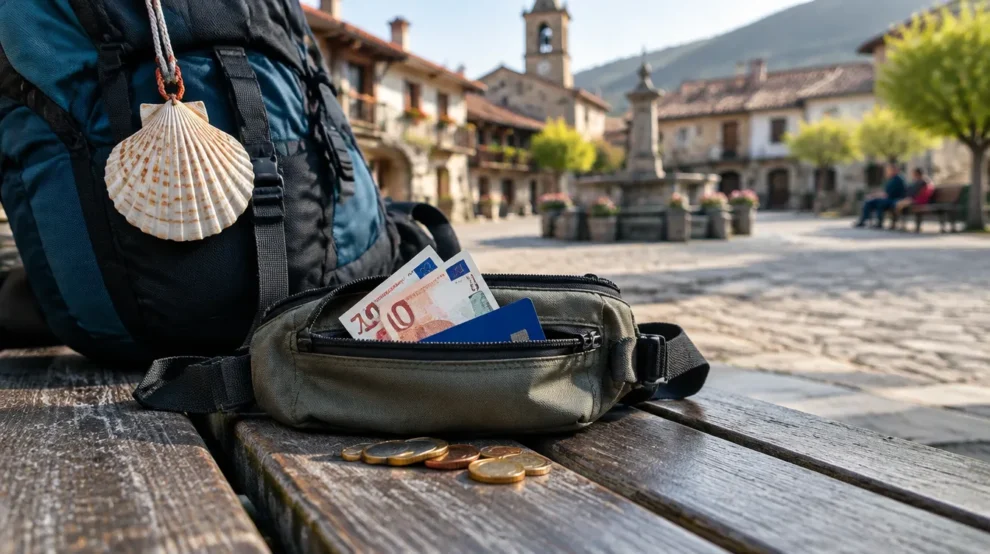 Pochete com euros, cartão e moedas ao lado de mochila com vieira, dinheiro para o Caminho de Santiago