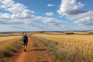 Peregrino na terra vermelha entre trigais, os quatro elementos no Caminho de Santiago