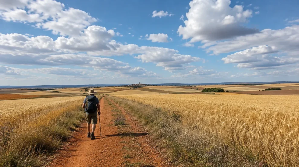 Peregrino na terra vermelha entre trigais, os quatro elementos no Caminho de Santiago