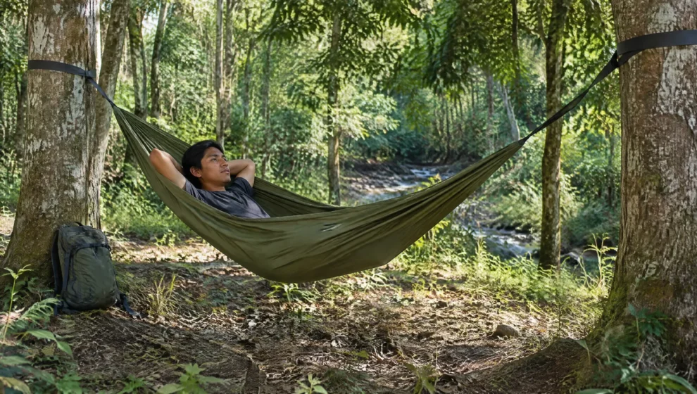Viajante descansando em rede de camping armada entre duas árvores à beira de trilha na mata