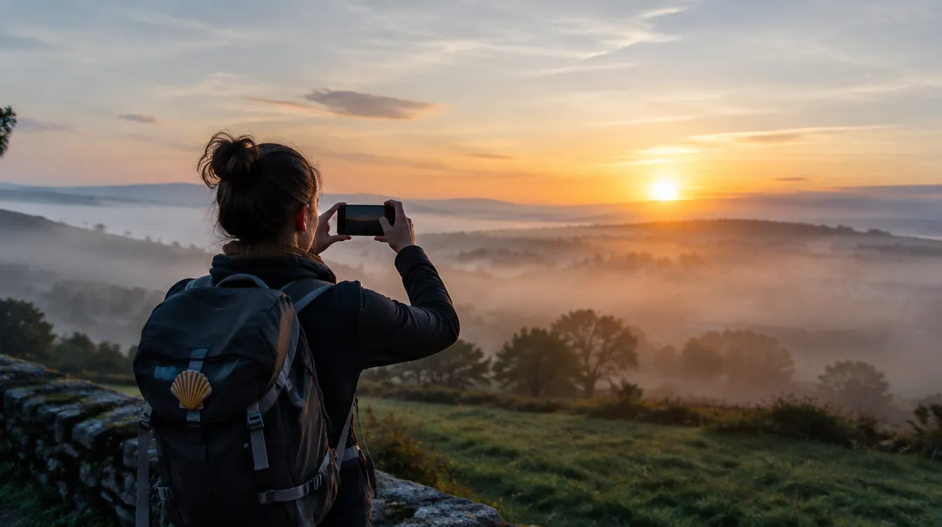 Peregrino fotografando o amanhecer para registrar o Caminho de Santiago