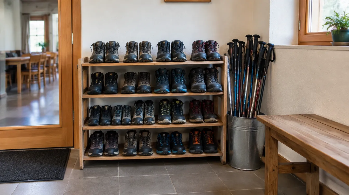 Botas organizadas na entrada do albergue, regra de convivência no Caminho de Santiago