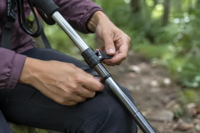 Mãos ajustando a trava externa de um bastão de trekking telescópico durante pausa na trilha
