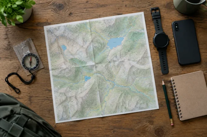Planejamento de trilha com mapa de papel, bússola, relógio GPS e celular sobre mesa