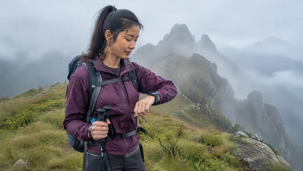 Trilheira consultando relógio GPS no pulso em crista de montanha com neblina