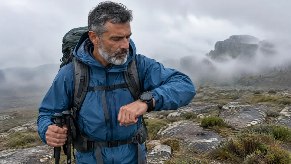 Montanhista consultando o mapa no relógio GPS em platô de altitude com neblina