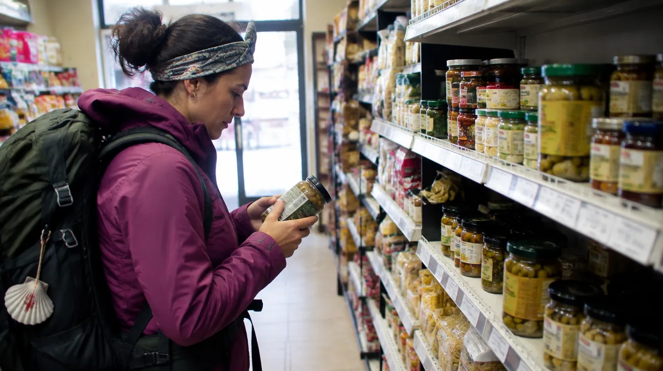 Peregrino lendo rótulos no mercado por causa de restrições alimentares no Caminho de Santiago