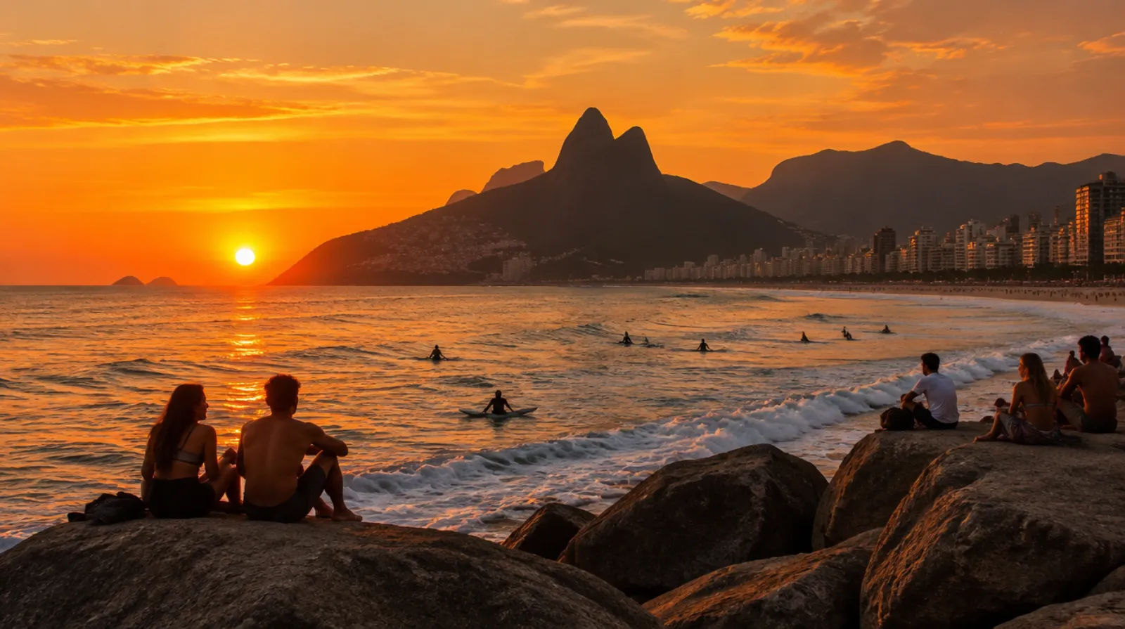 Pessoas assistindo ao pôr do sol sobre as pedras no fim da praia, com surfistas no mar