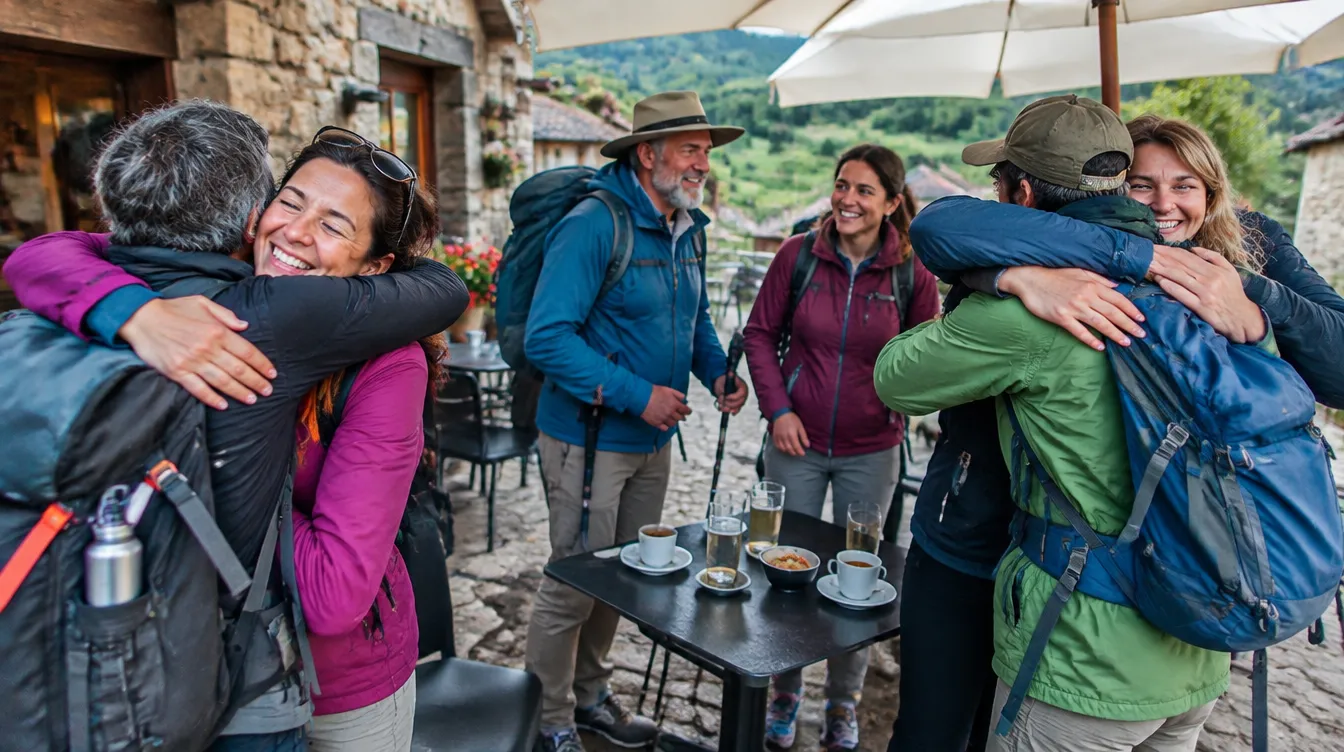 Peregrinos de ritmos diferentes se reencontrando no café ao fim do dia no Caminho de Santiago