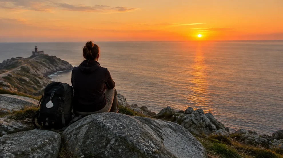 Peregrino em Finisterre ao entardecer, ritual de encerramento do Caminho de Santiago