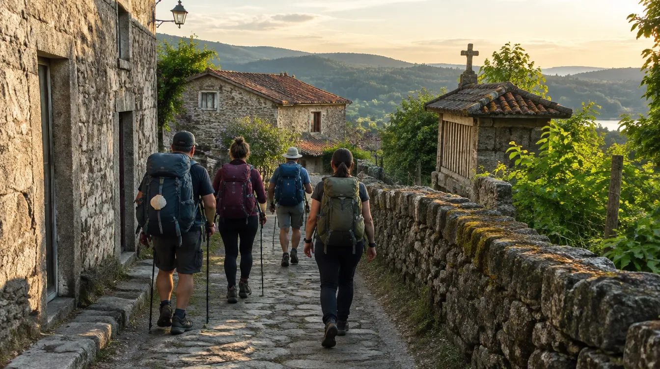 Grupo de peregrinos atravessando vila de pedra da Galícia em roteiro de 15 dias do Caminho de Santiago