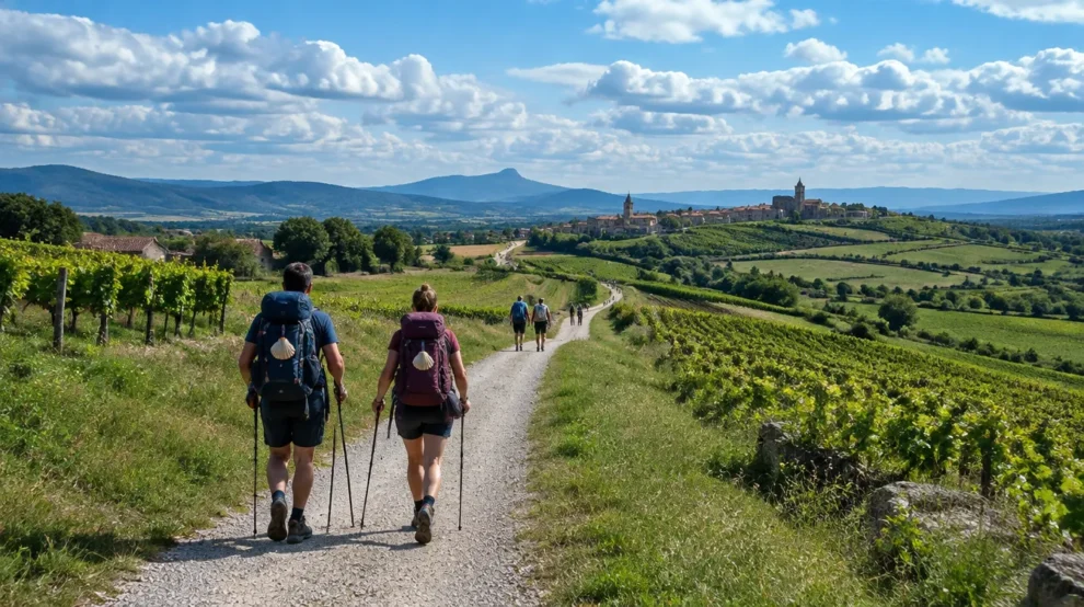 Peregrinos caminhando entre campos e vinhedos no norte da Espanha em roteiro do Caminho de Santiago