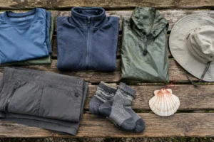 Roupas para o Caminho de Santiago organizadas: camisetas, fleece, capa de chuva e calça