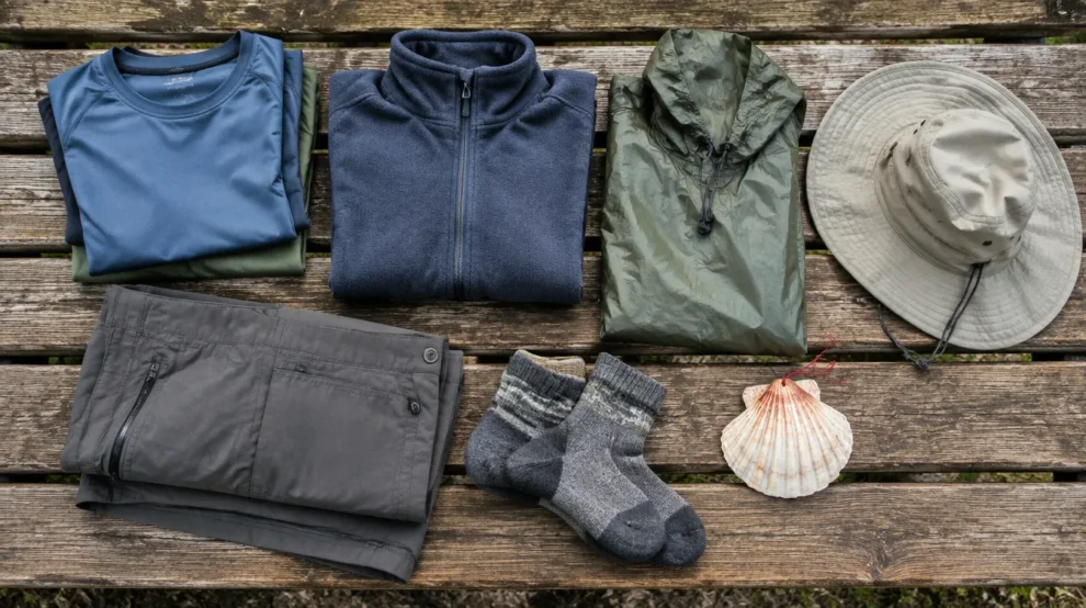 Roupas para o Caminho de Santiago organizadas: camisetas, fleece, capa de chuva e calça