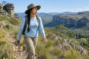 Trilheira de manga longa com proteção UV e calça de trekking caminhando em campo de altitude