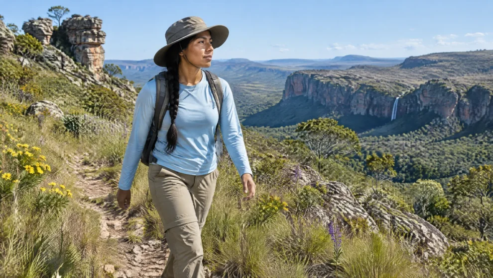 Trilheira de manga longa com proteção UV e calça de trekking caminhando em campo de altitude