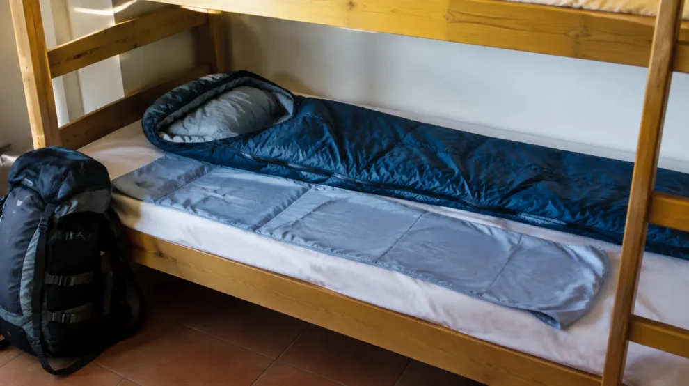 Saco de dormir leve e liner de seda no beliche do albergue do Caminho de Santiago