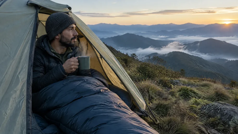 Homem dentro de saco de dormir tipo sarcófago na porta da barraca, com neblina sobre a serra ao amanhecer