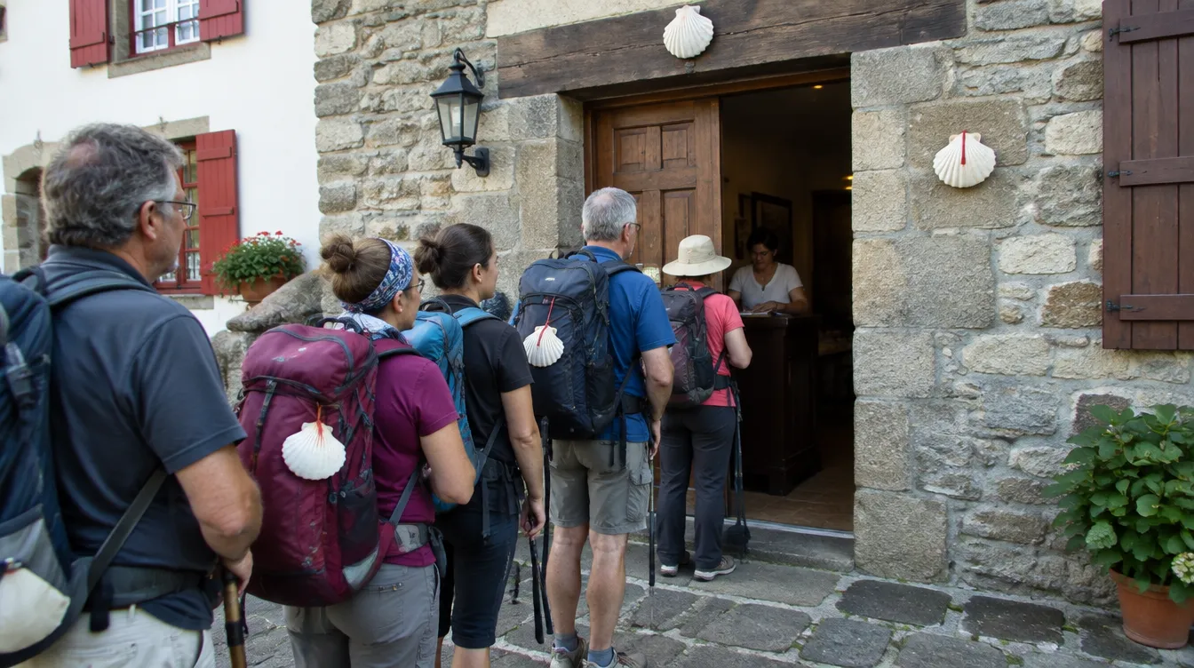 Peregrinos na fila do escritório de acolhida em Saint-Jean-Pied-de-Port antes do Caminho