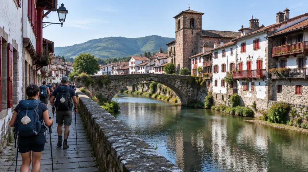 Casas de pedra às margens do rio Nive em Saint-Jean-Pied-de-Port, antes do Caminho