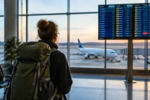 Viajante com mochila de trekking no aeroporto antes do voo para o Caminho de Santiago