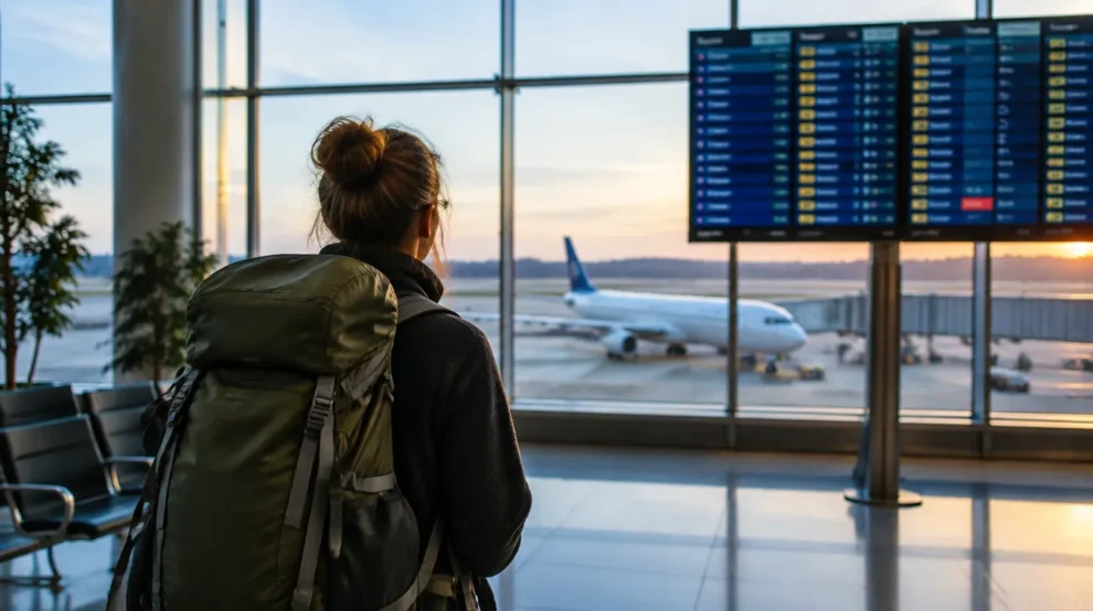 Viajante com mochila de trekking no aeroporto antes do voo para o Caminho de Santiago