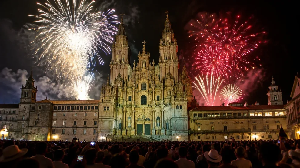 Fogos sobre a Catedral nas festas de Santiago de Compostela em julho de 2027