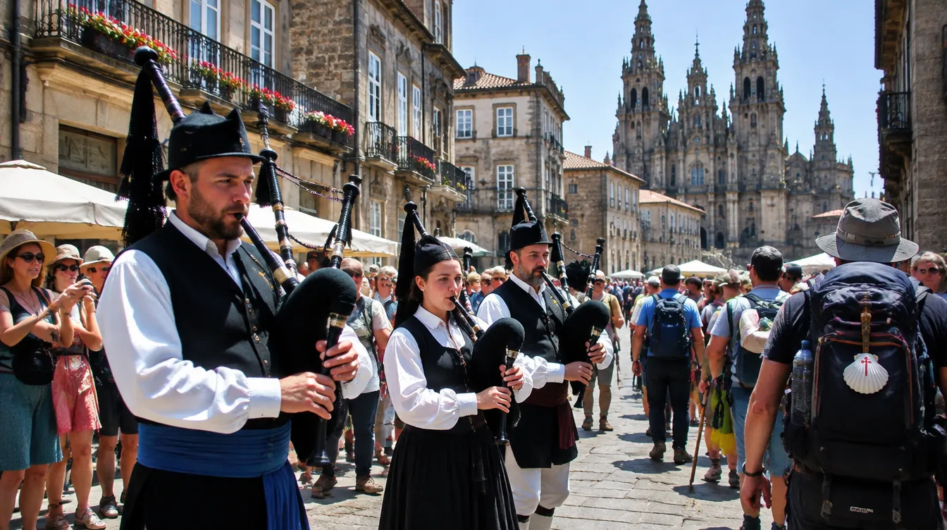 Gaiteiros na cidade velha durante as festas de Santiago de Compostela em julho