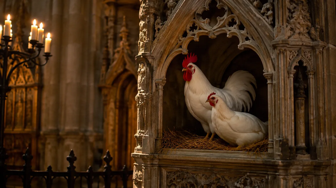 Galo e galinha no galinheiro gótico, ligados à lenda de Santo Domingo de la Calzada