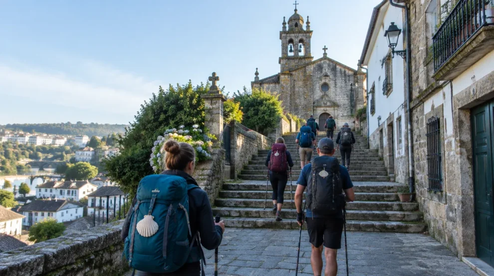 Peregrinos na escadaria de Sarria antes de começar o Caminho