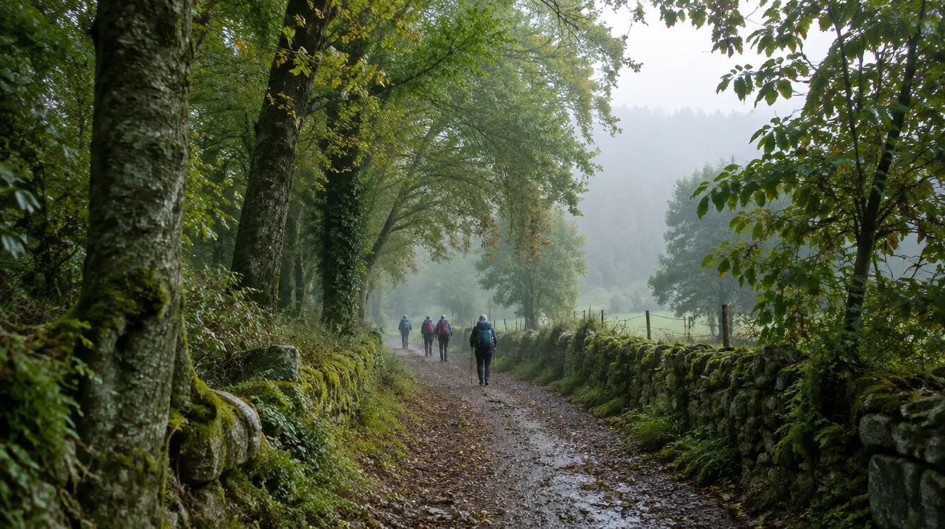 Trilha entre carvalhos e muros de pedra no trecho de Sarria a Portomarín do Caminho de Santiago