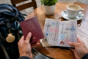 Passaporte e credencial do peregrino, documentos ao lado do seguro viagem no Caminho de Santiago