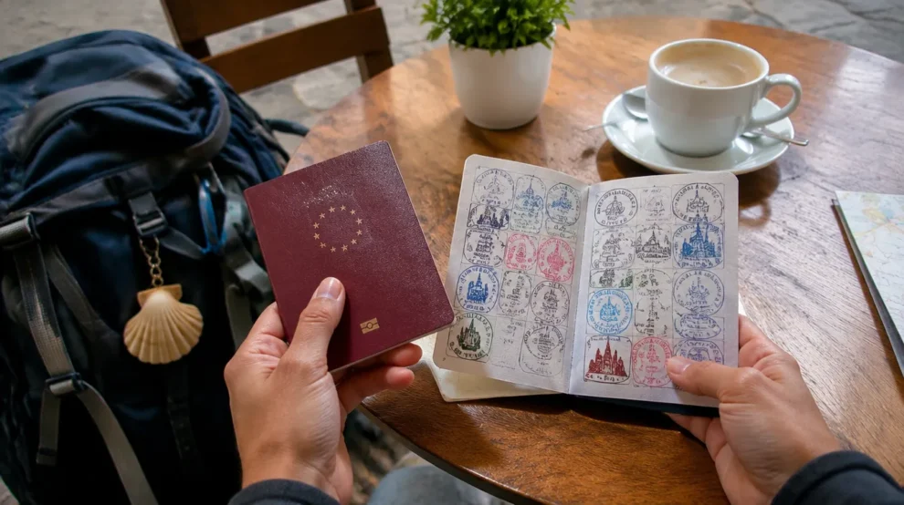Passaporte e credencial do peregrino, documentos ao lado do seguro viagem no Caminho de Santiago