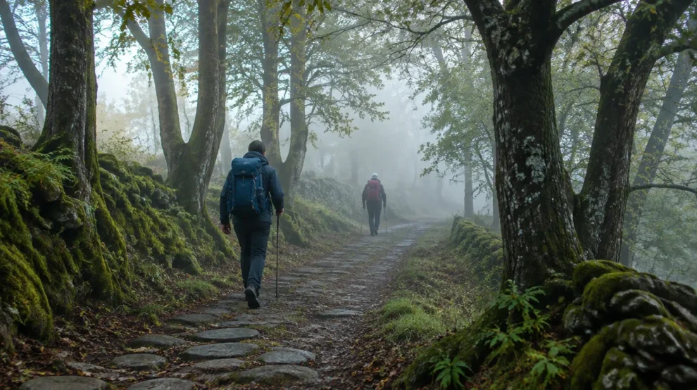 Dois peregrinos caminhando distantes no bosque, silêncio e convivência no Caminho de Santiago