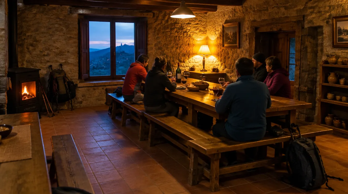 Peregrinos jantando juntos no albergue, convivência no Caminho de Santiago