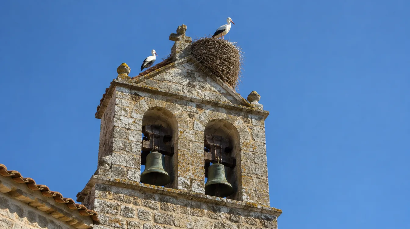 Sinos de igreja rural com ninho de cegonhas, o som e o silêncio no Caminho