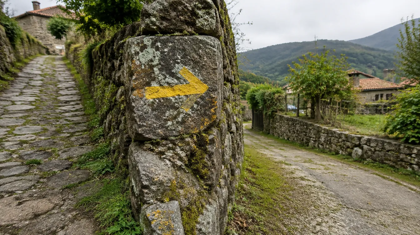 Seta amarela em bifurcação, imagem das sincronicidades no Caminho de Santiago