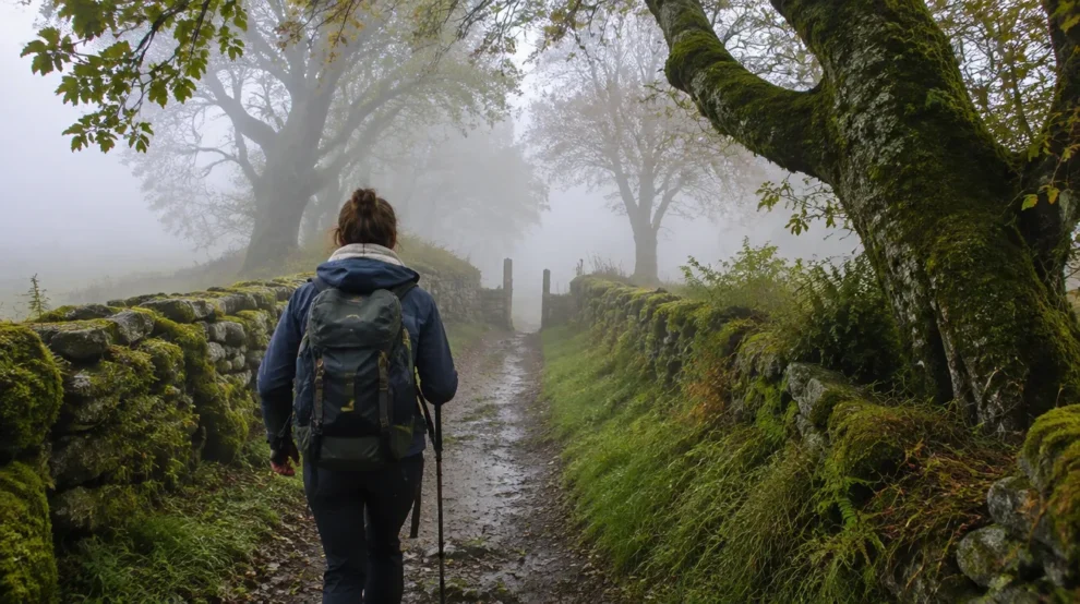 Peregrino com fleece e corta-vento em trilha com neblina, sistema de camadas para o Caminho de Santiago