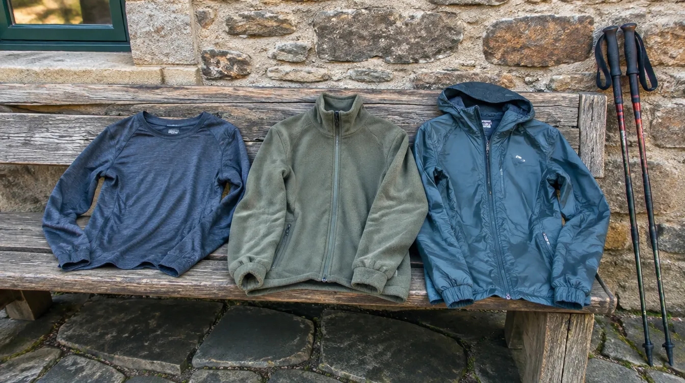 Três camadas de roupa sobre o banco, sistema de camadas para o Caminho