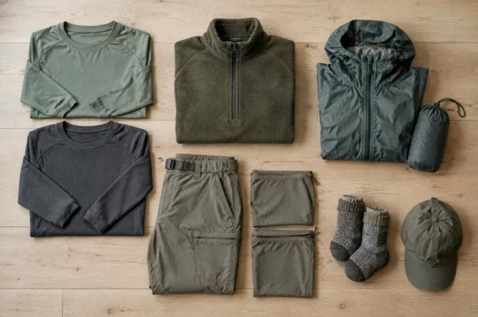 Roupas de trilha organizadas por camadas sobre piso de madeira: camiseta UV, segunda pele, fleece, jaqueta de chuva, calça conversível, meias e boné