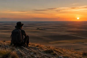 Peregrino sozinho contemplando a Meseta ao entardecer: solidão no Caminho de Santiago