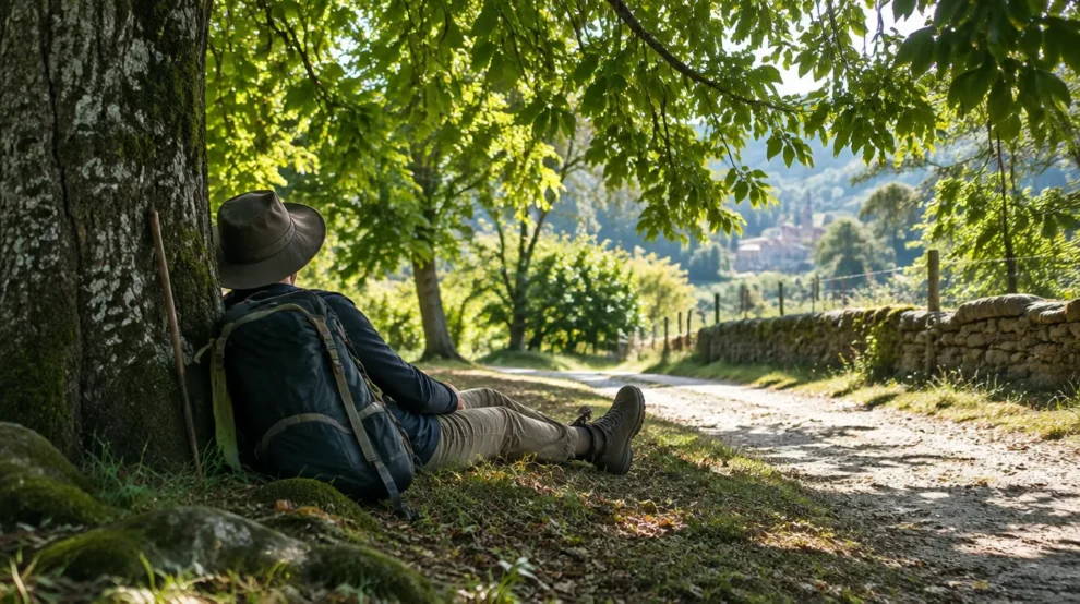 Peregrino descansando à sombra de castanheiro, sono e descanso no Caminho de Santiago